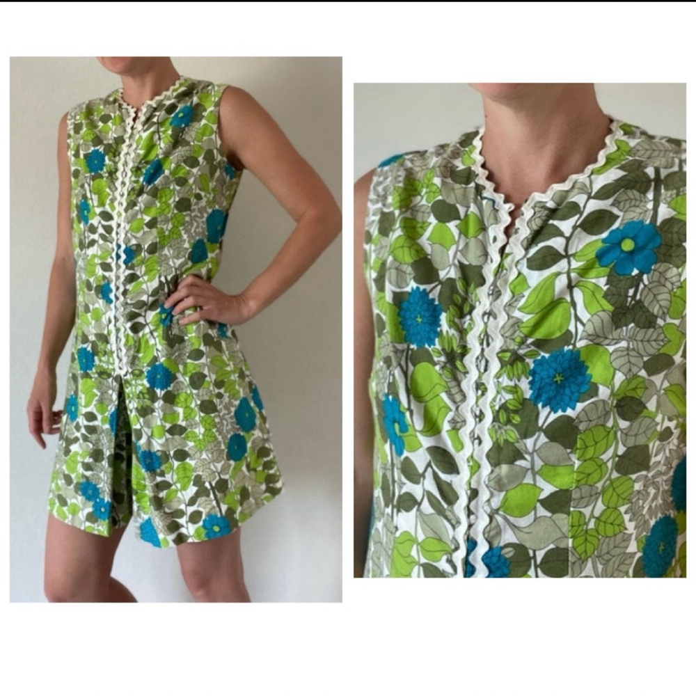 1970’s vintage romper playsuit culottes floral flower women’s m 70s ric rac vtg